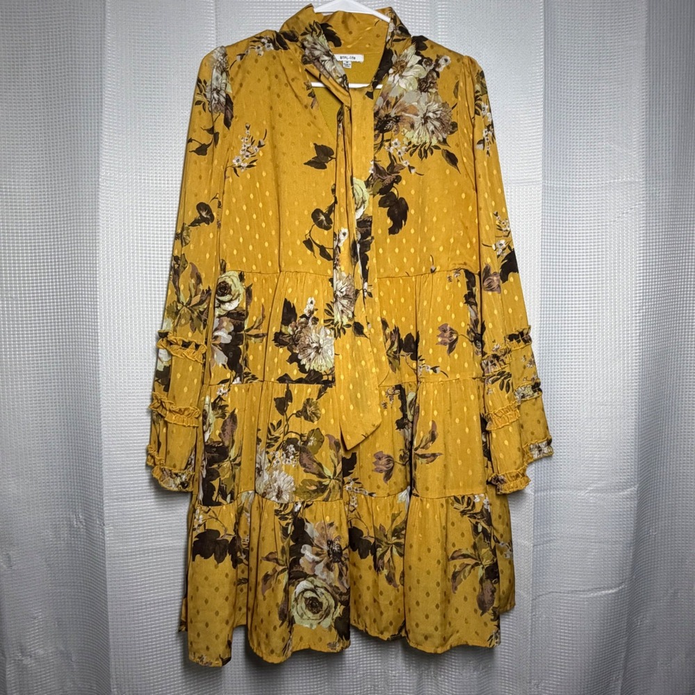 BTFL-life Floral Tiered Mini Dress Medium Mustard Yellow Clip Dot Tie Neck